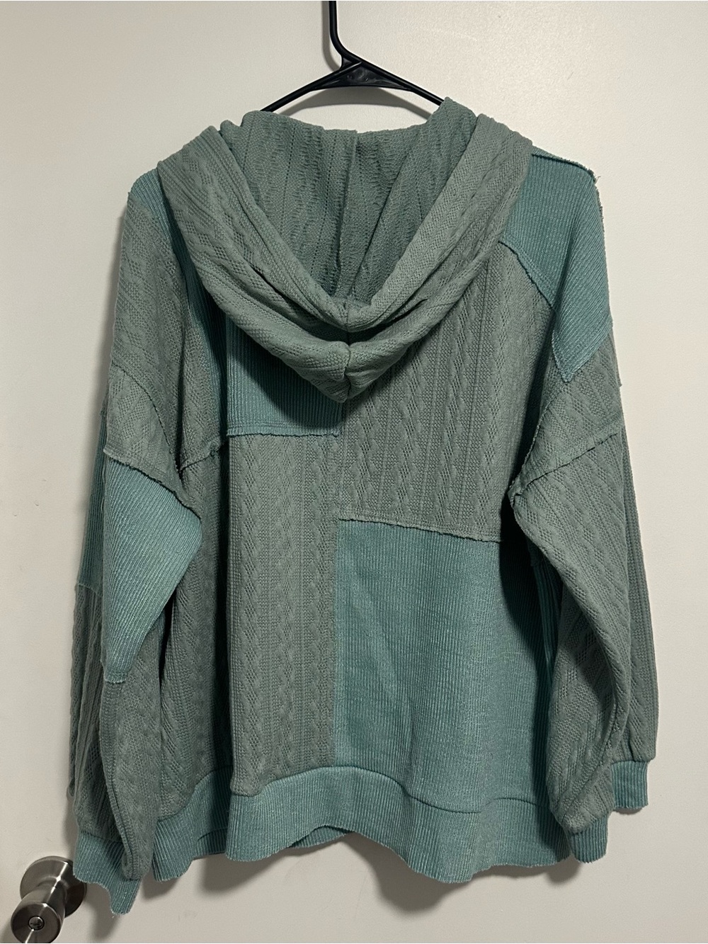 POL Patchwork Hooded Sweater Sage Teal M - Picture 3 of 7